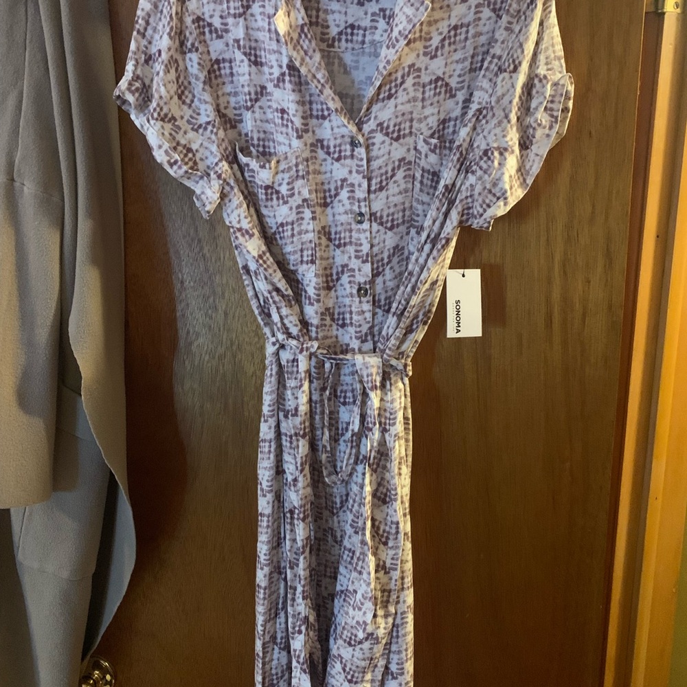 Sonoma Purple and White Button-Up Midi Dress